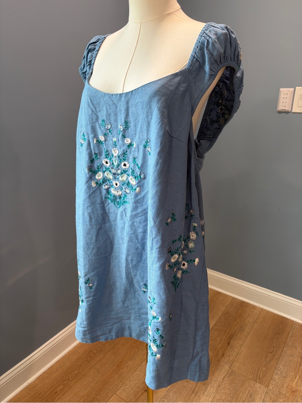 Free People Wildflower Embroidered Mini Dress Copen Blue Linen Blend Medium - Picture 3 of 10